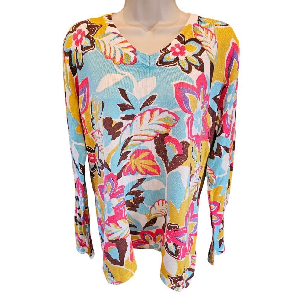 NWT Printed V-Neck Sweater bright colorful floral pullover XXL 2XL casual winter